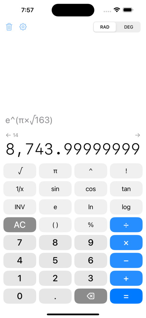 exp(pi times sqrt 163) scrolled to its decimal point, showing twelve nines